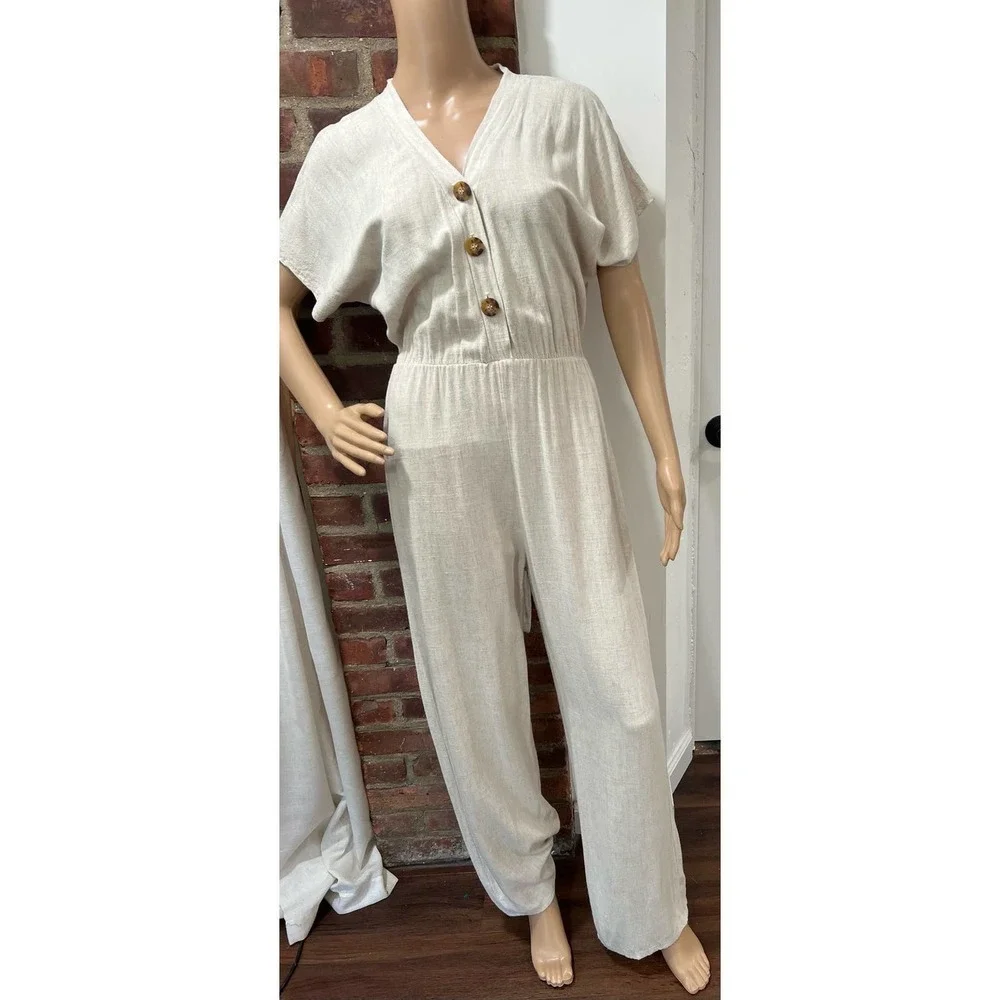 NASTY GAL Clean Girl Quiet Luxury Linen Button Up Wide Leg Jumpsuit Cream 4 - Picture 4 of 8